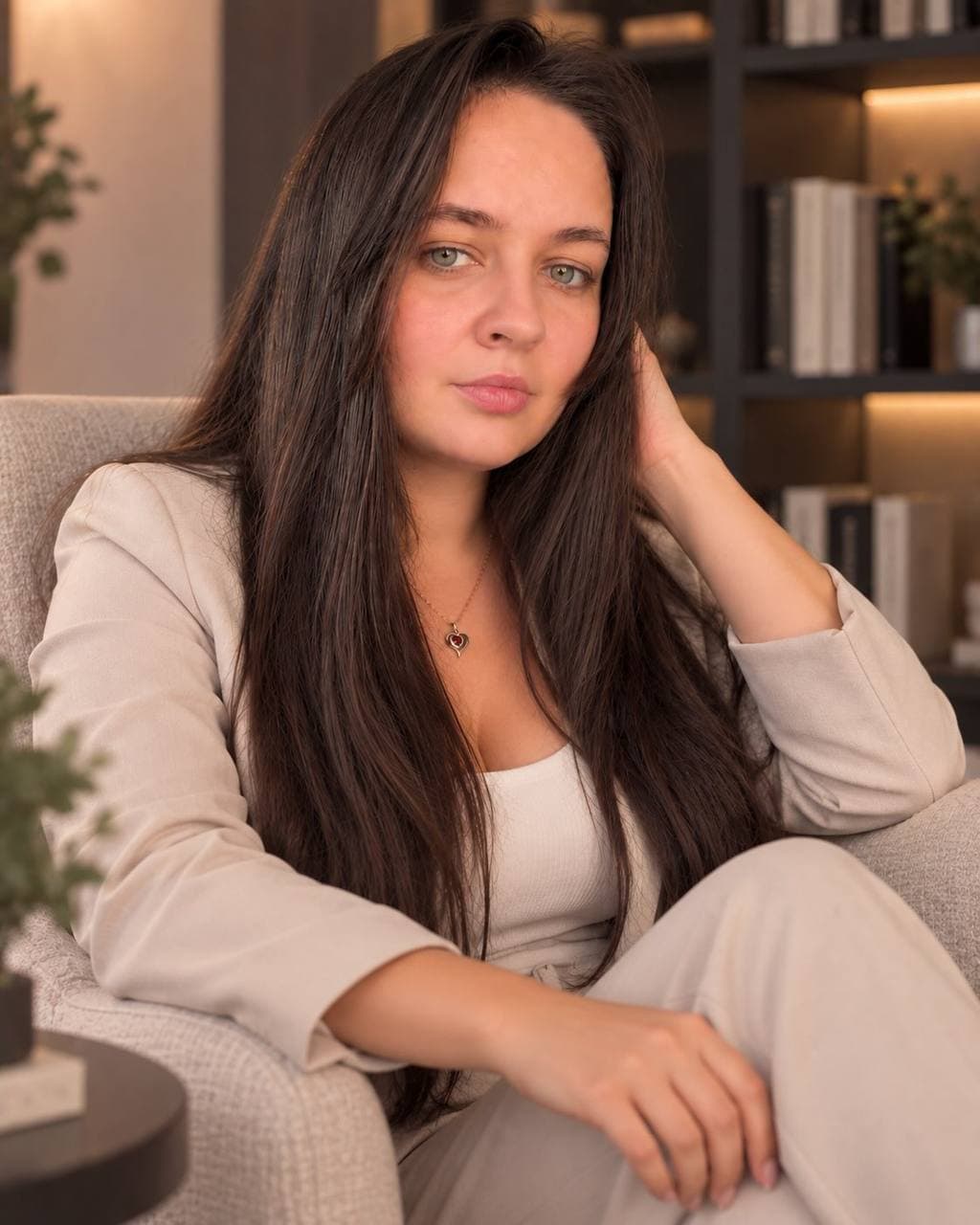 SMM-специалист в кресле у книжных полок